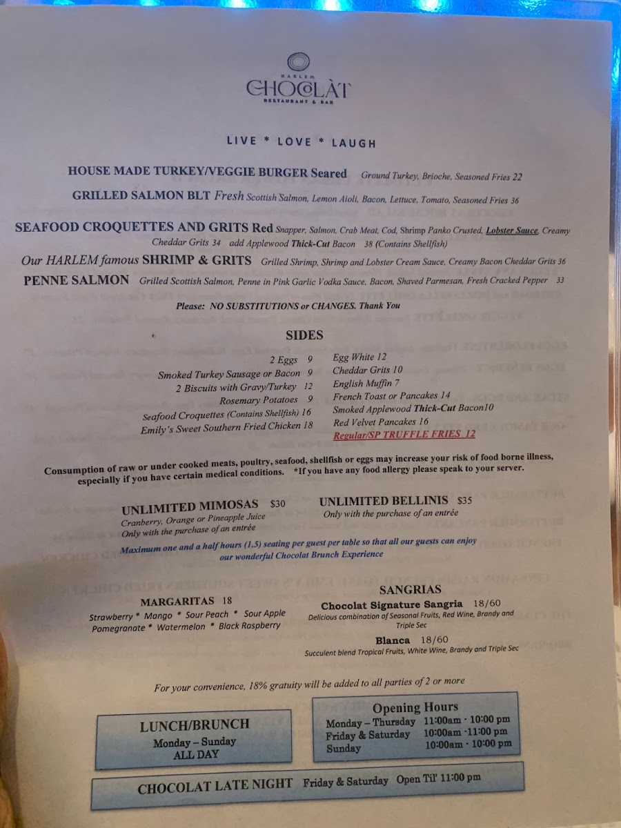 Chocolat Restaurant & Bar Menu - Image 1